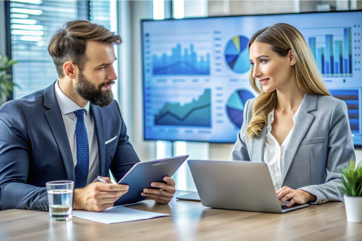 business partners discussing project details with charts displayed screen